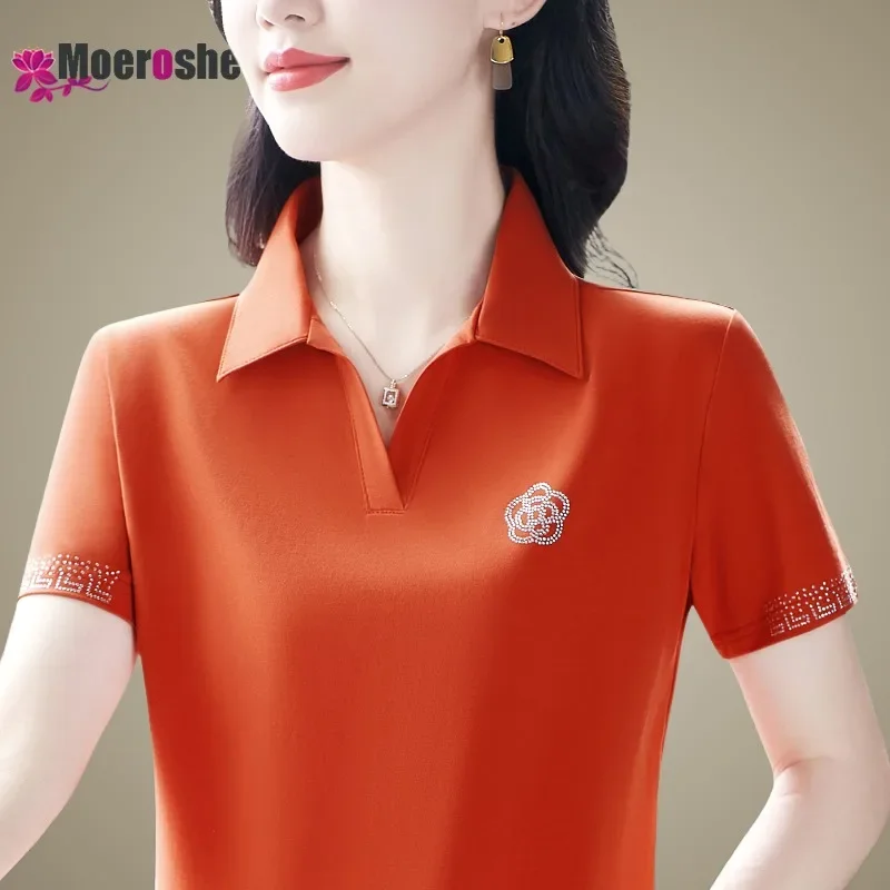 Summer Women's Short Sleeve Polo Shirt T-shirt Elegant Woman Tops V Neck Tee Top Ladies Clothes Golf Wear Stylish stand collar