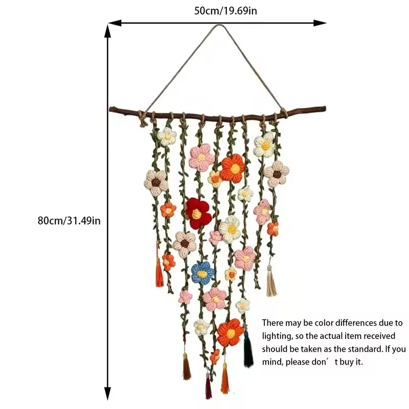 Boho Handmade Cotton Floral Crochet Macrame Hanging Decoration for Wall Indoors Or Porch Natural Linen Look Mellow Ambiance