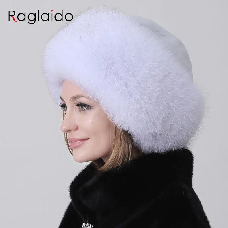 

Russian Winter Fur Hat Warm Fluffy Women Round Hat Fluffy Real Fox Rabbit Fur Bucket Hat