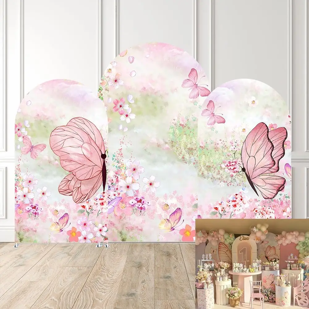 Gewölbte Hintergrundabdeckung „Schmetterlingsgarten“ – Rosa Geburtstagsparty, Hochzeit, Babyparty-Dekoration, Fotohintergrund