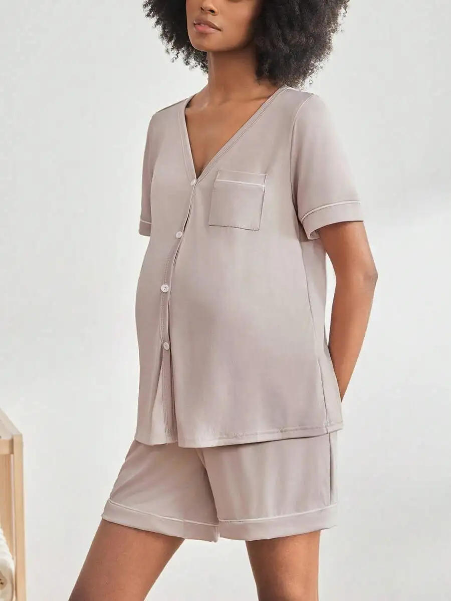 Maternity Short Sleeve Nursing Pajama Set With Buttons Lounge Sleepwear