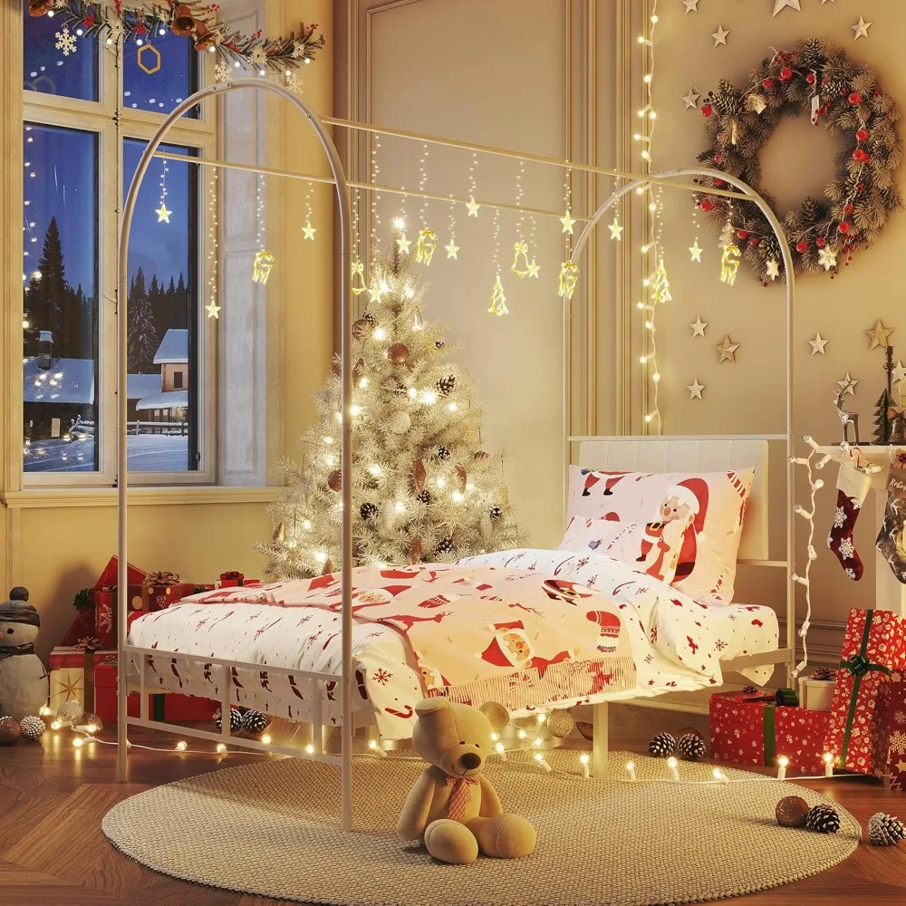 إطار سرير بمظلة مزدوجة من IDEALHOUSE مع لوح رأسي منجد، وإطار سرير بمنصة معدنية مع دعامة شرائح قوية وسروال سفلي #3