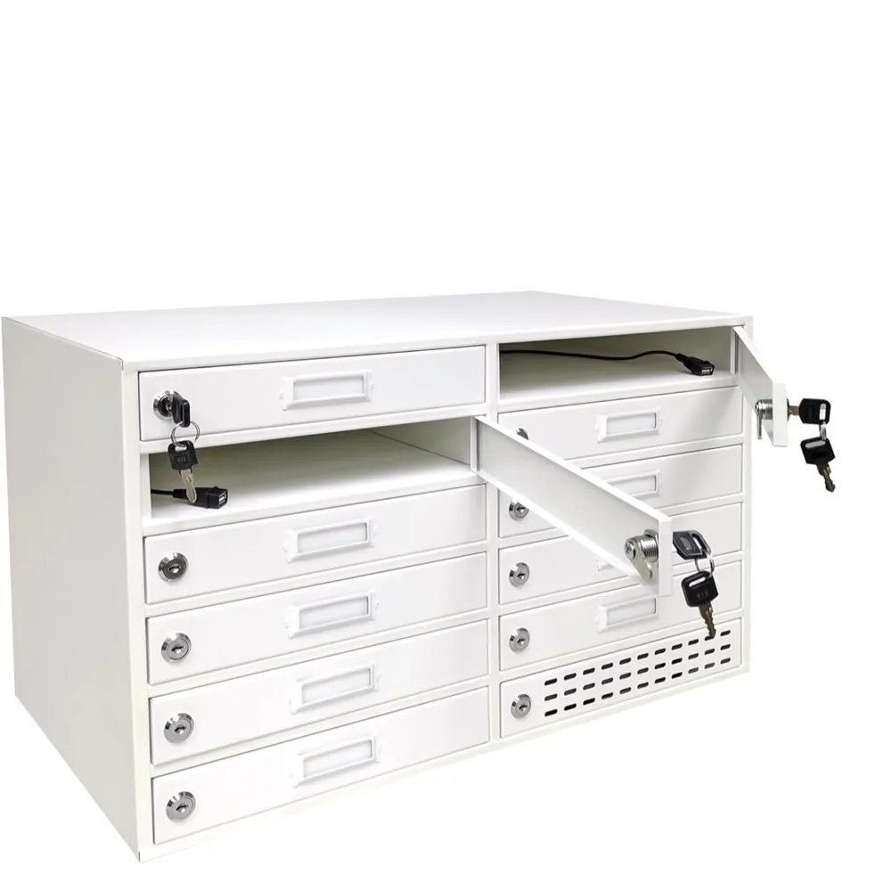 

Slot Size: 11 Wide X 2 Tall X 12" Deep, 12-Slot (11 Active) Metal Cellphone Locker Cabinet Power Charge Station Compatible with