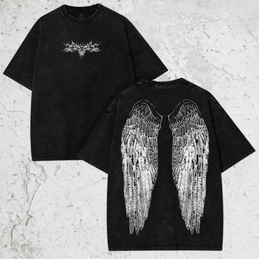 Vintage Washed Shirt, Angel Wings, Cyber Sigilism Grunge Oversized Heavy Cotton Shirt Streetwear Graphic