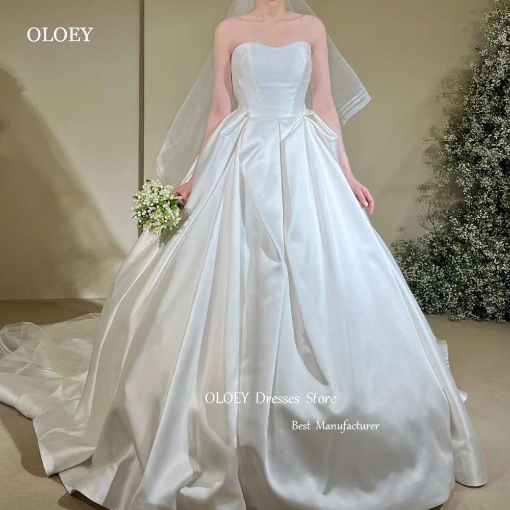 OLOEY Simple Sweetheart Thick Satin A Line Korea Wedding Dresses Luxury Pleats Bridal Gowns Sweep Train Free Veil Custom Made