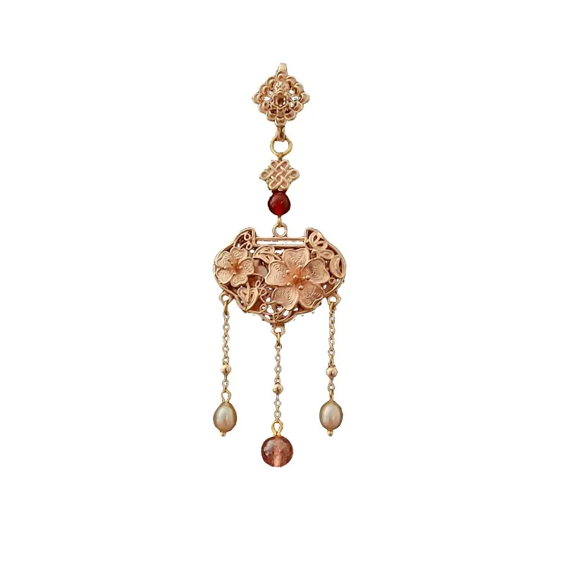 Original design Ruyi filigree craft flower broche pearl tassel long brooches for women cheongsam button pendant Hanfu jewelry