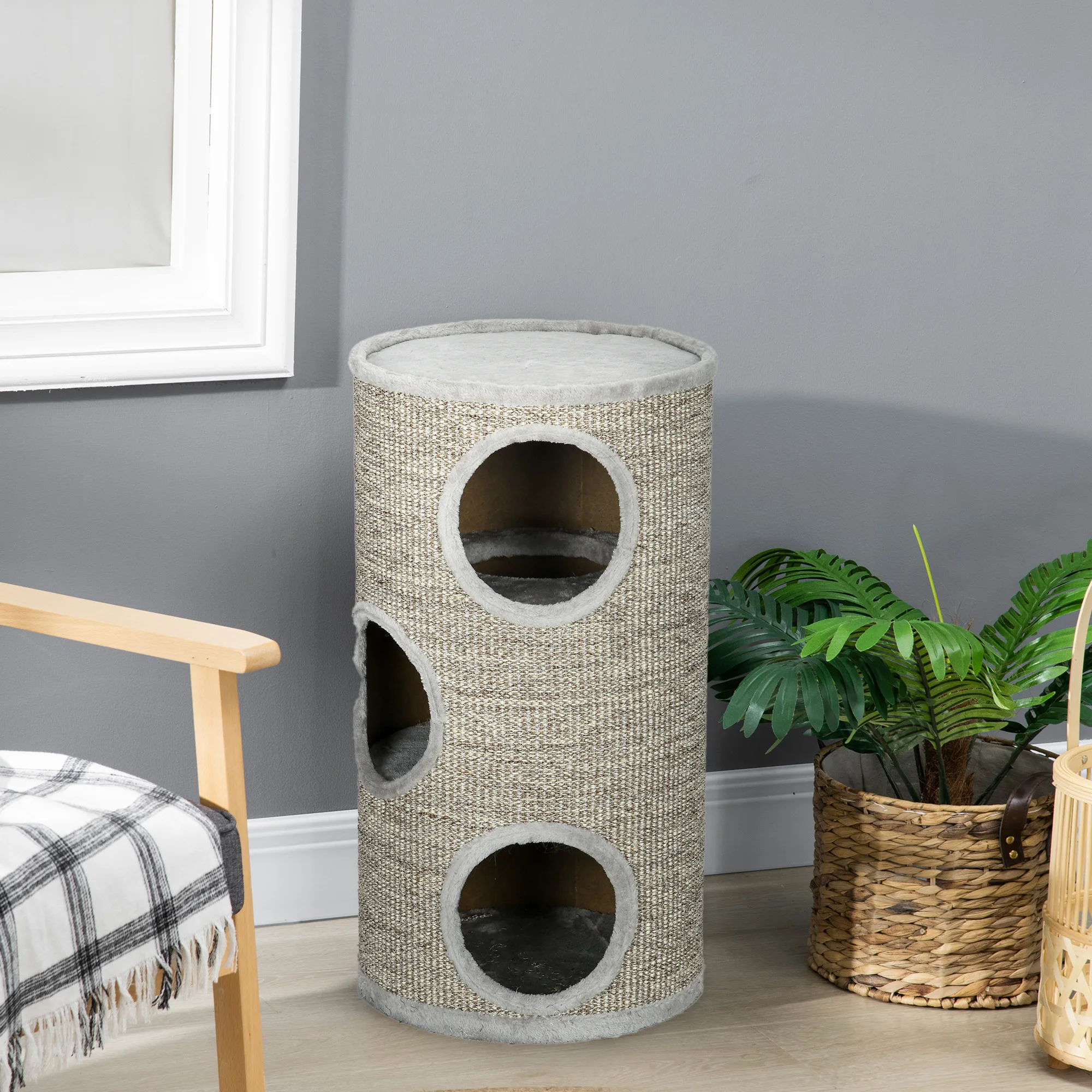 PawHut Cat Barrel Kitten Tree Tower for Indoor Cats, Cat Climbing Frame, Covered in Sisal, Cosy Platform - Light Grey