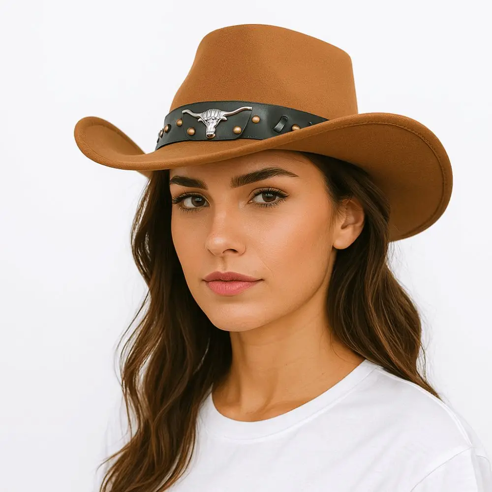 

Punk Ethnic Style Western Cowboy Hat Wide Brim Roll Brim Knight Hat Cow Head Polyester Cowgirl Jazz Hat Sun Protection