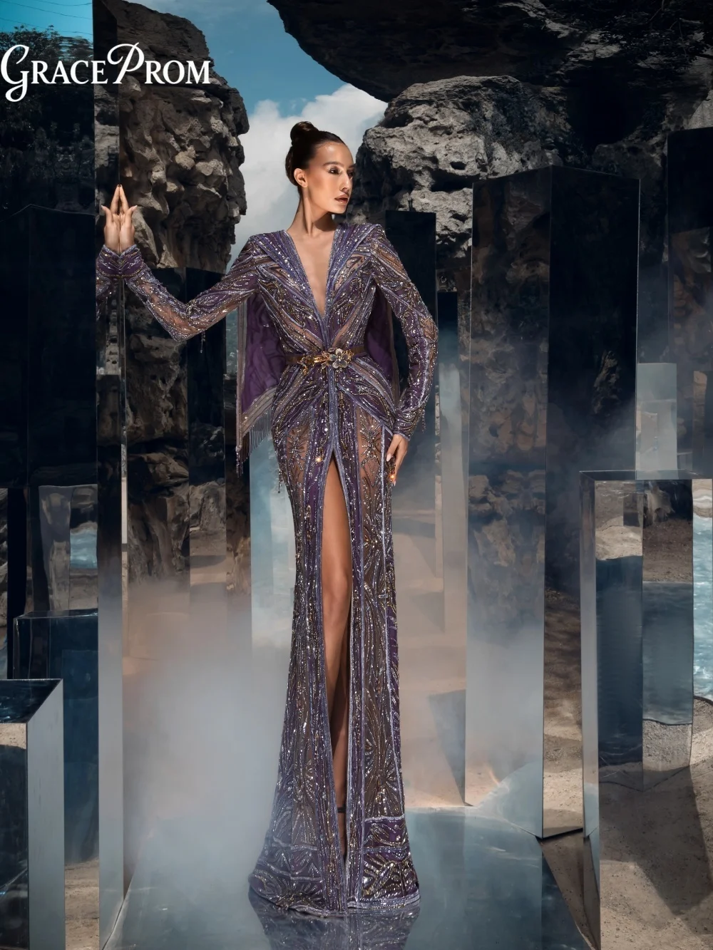 Dazzling Stitched Sequined Mermaid Dress Plunge Neck Fringe Shoulder Cape Formal Evening Prom Wedding Guest Gown فساتين سهرة
