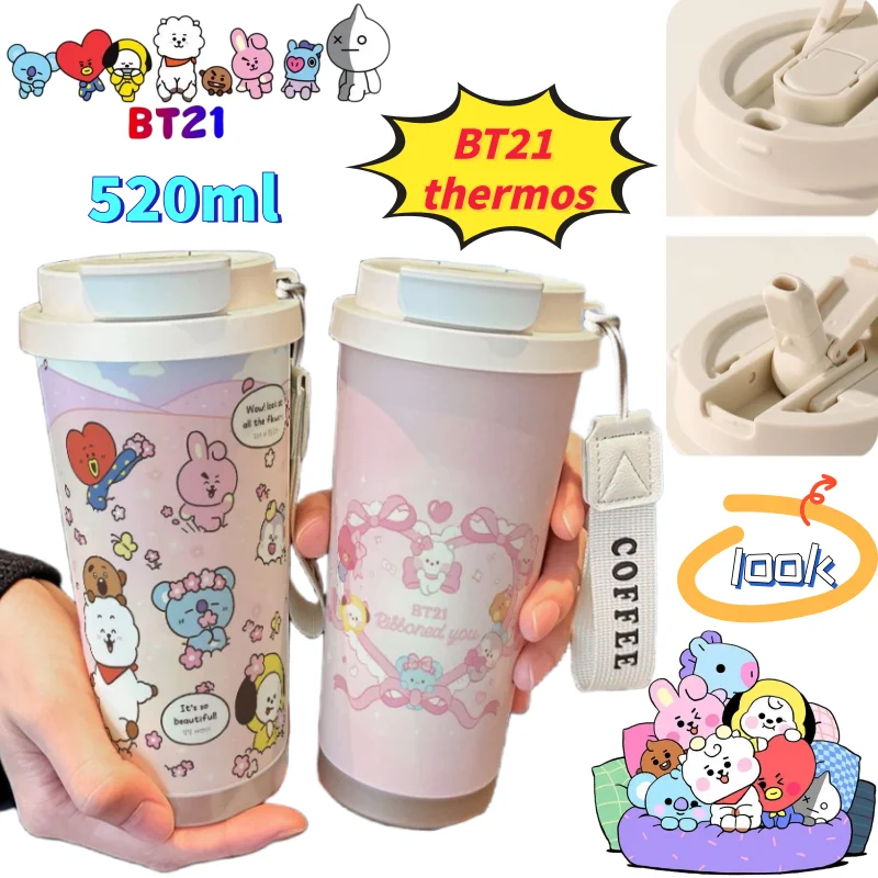 

BT21 koya RJ Shooky Chimmy Cooky Thermos High Color Value Cartoon Printing Large Capacity Portable Outdoor Double Drinking Cup