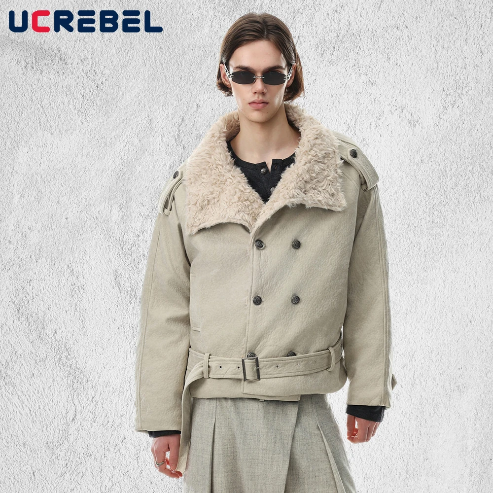 Double Breasted Quilted Jacket Mens with Belt Winter Long Sleeve Stand Collar Outerwear Man