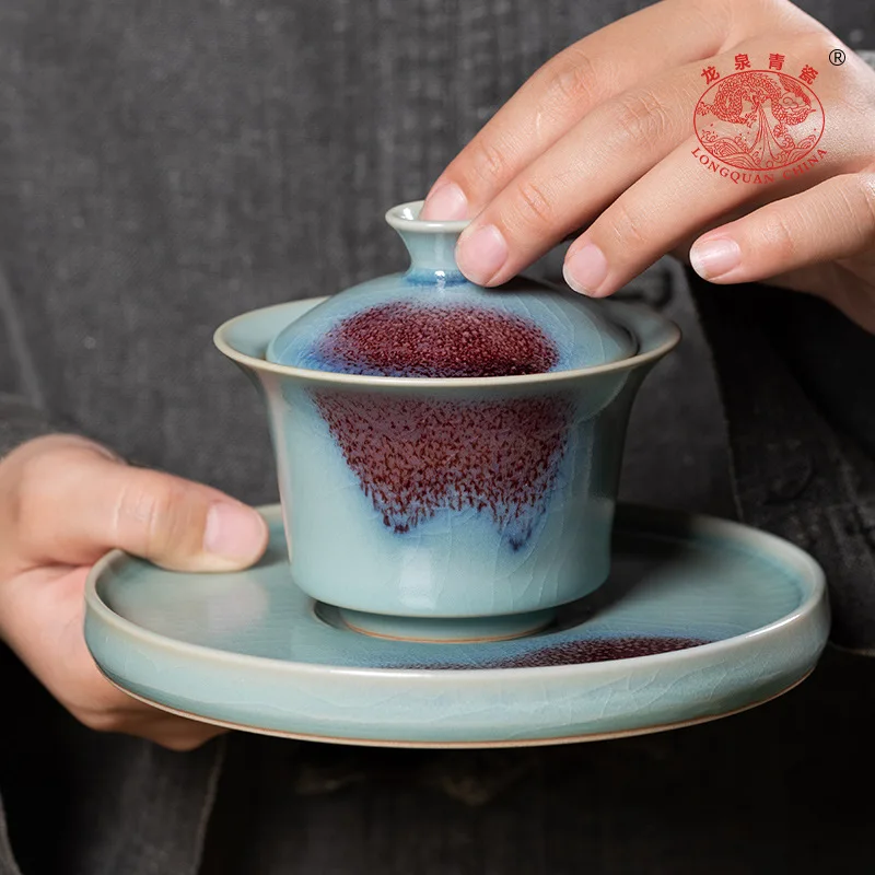 High Quality Celadon Gaiwan Gaiwan Set Large Jun Kiln Tea Ceremony Bowl Ceramic Household Cover Bowl Hand-Held Tea Bowl