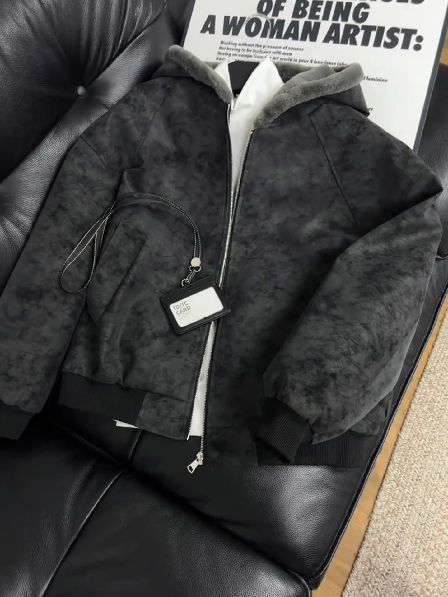 

Thiened Fce Lined eepskin Velvet Cotton Jaet Men's Winter Warm Zipper Closure Hooded Coat Youth Trendy Casual Outerwear