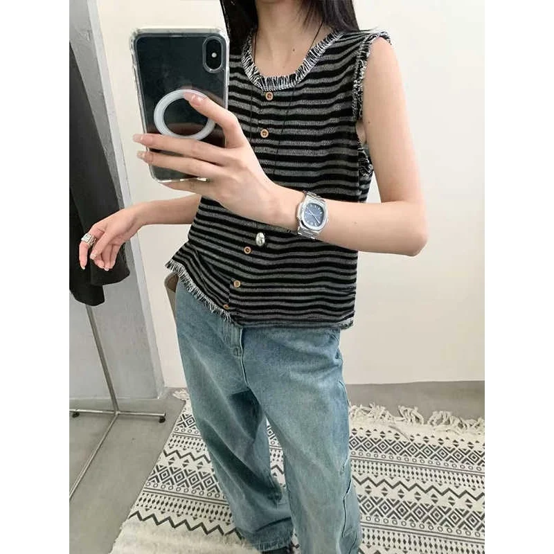 레트로 태슬 헴 스트라이프 라운드 네슬 라이크라 실크 니트 베스트 여성용 탑 패셔너블 출퇴근용 슬림핏