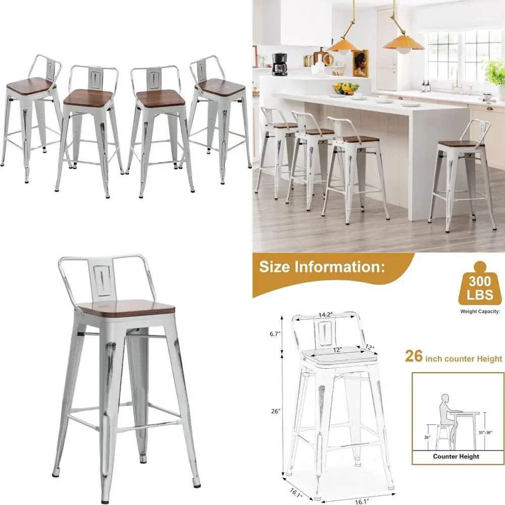 

Set of 4 Industrial Style Metal Counter Height Bar Stools with Wooden Seats, 26 Inches, Distressed White Finish