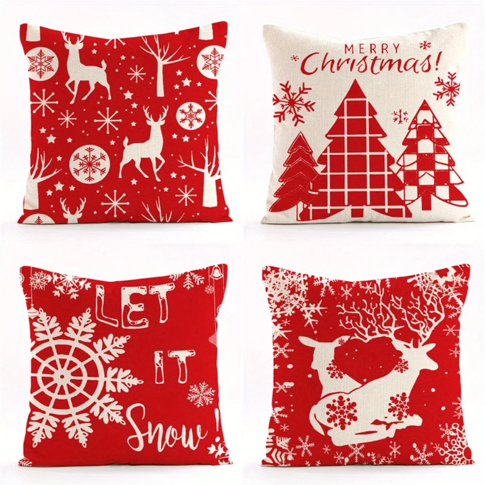 

4 fundas almohada con cremallera y diseño ciervos nieve rojos naviños - Poliéster doble cara, diseño geométrico, e