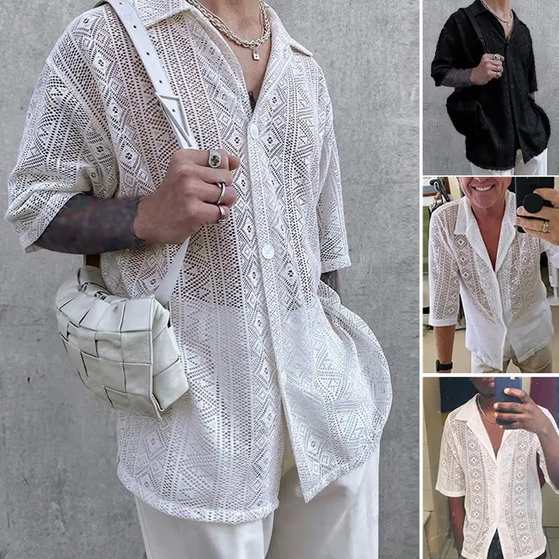 

Men's Mid- Sleeve Mesh Lace Shirt Sexy Style Hollow out Design Thin Fabric Non-deformable Five Sleeve Length Pure Color Pattern