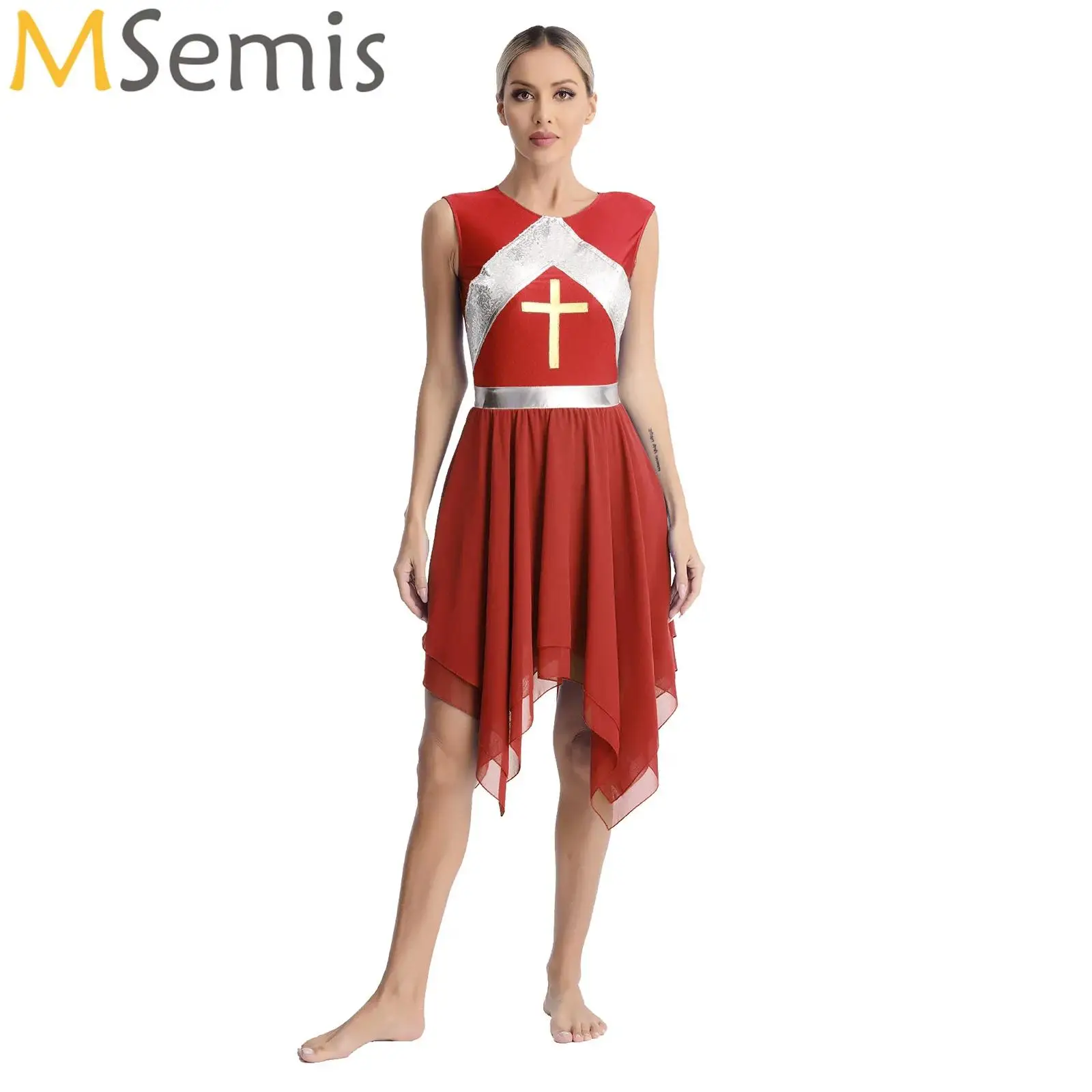 

Womens Shiny Metallic Sleeveless Worship Dress Lyrical Liturgical Praise Dance Tulle Costume Modern Ballroom Stage Dancewear