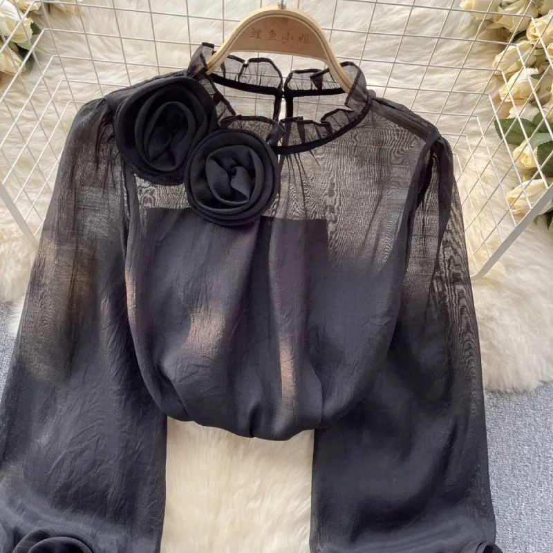 Women's See-through Top Spring New Fashion French Three-dimensional Flower Puffed Sleeves Light Luxury Solid Color Chiffon Shirt