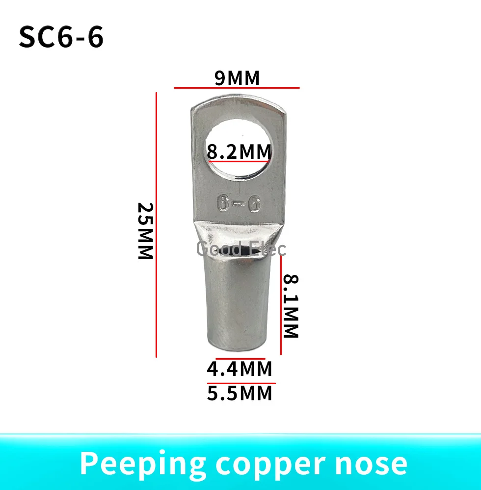 100PCS SC6-4 SC6-5 SC6-6 SC6-8 SC6-10 tinned copper 6mm bolt hole 6.0mm² cable lug battery connector crimping terminal