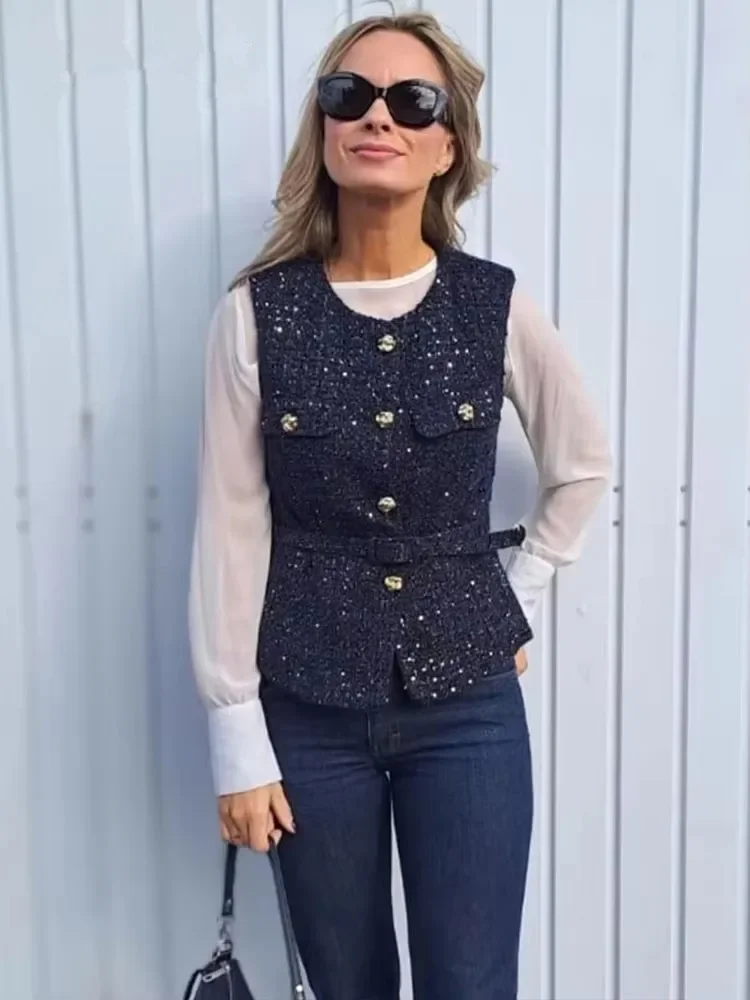 TARUXY Women's Tweed Vest Coat With Belt O Neck Sleeveless Front Button Jacket Coat Fashion Lady Outerwear Sequin Chic Vest Tops