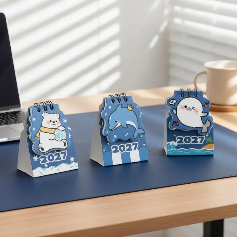 2027 Mini Ocean Spiral Desk Calendar Double Coil Binding Cartoon Monthly Planner Schedule Table Calendar Home Office Desktop