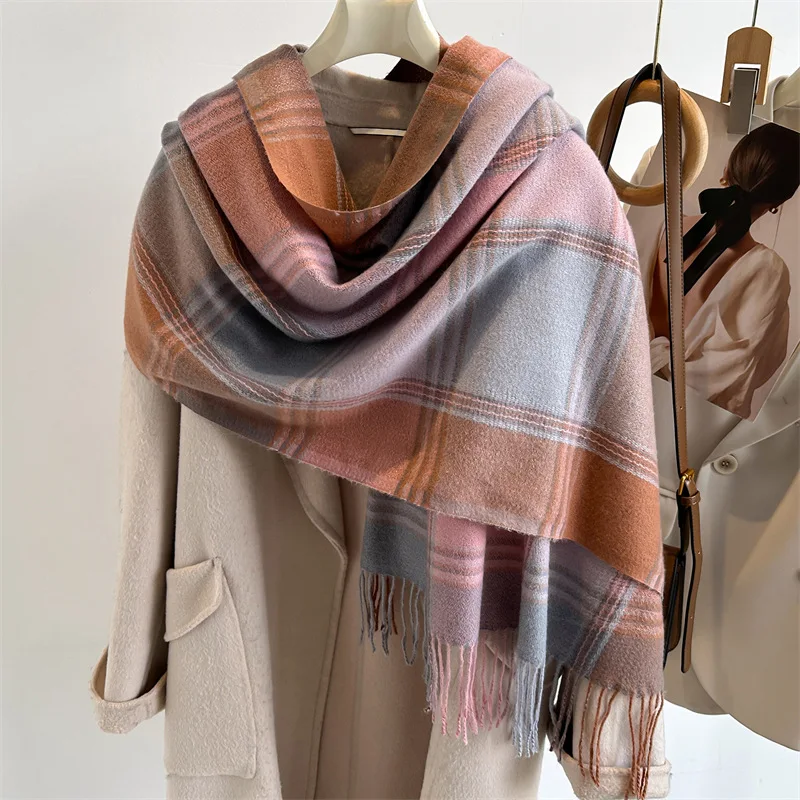 Imitation Cashmere Checkered Scarf Women Autumn Winter Warm Tassel Scarves Fashion Shawl Grid Leisure Neckerchief Europe America