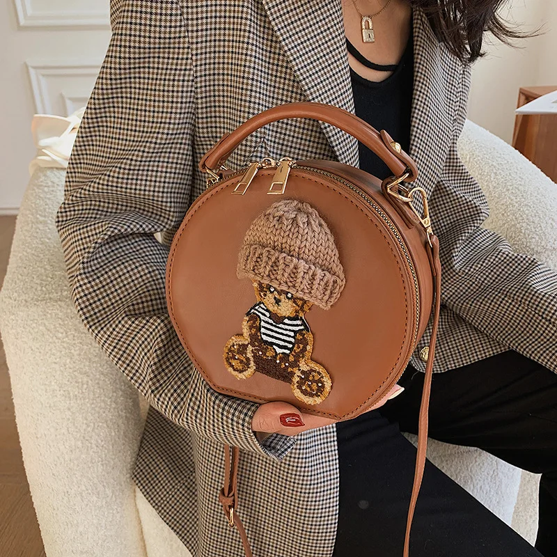 Cartoon Cute Bags for Women 2023 New Luxury Designer Handbag Bear Small Round Crossbody Bags Vintage Leather Shoulder Bag Woman
