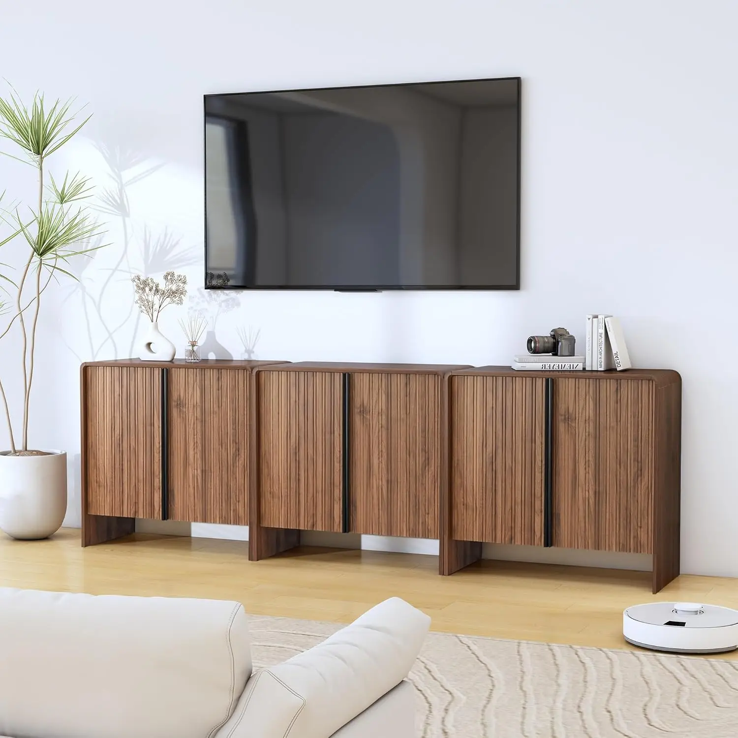 

92-дюймовый рифленый буфет с местом для хранения вещей, 6-дверный буфет из орехового дерева с регулируемыми полками, изогнутый акцент T