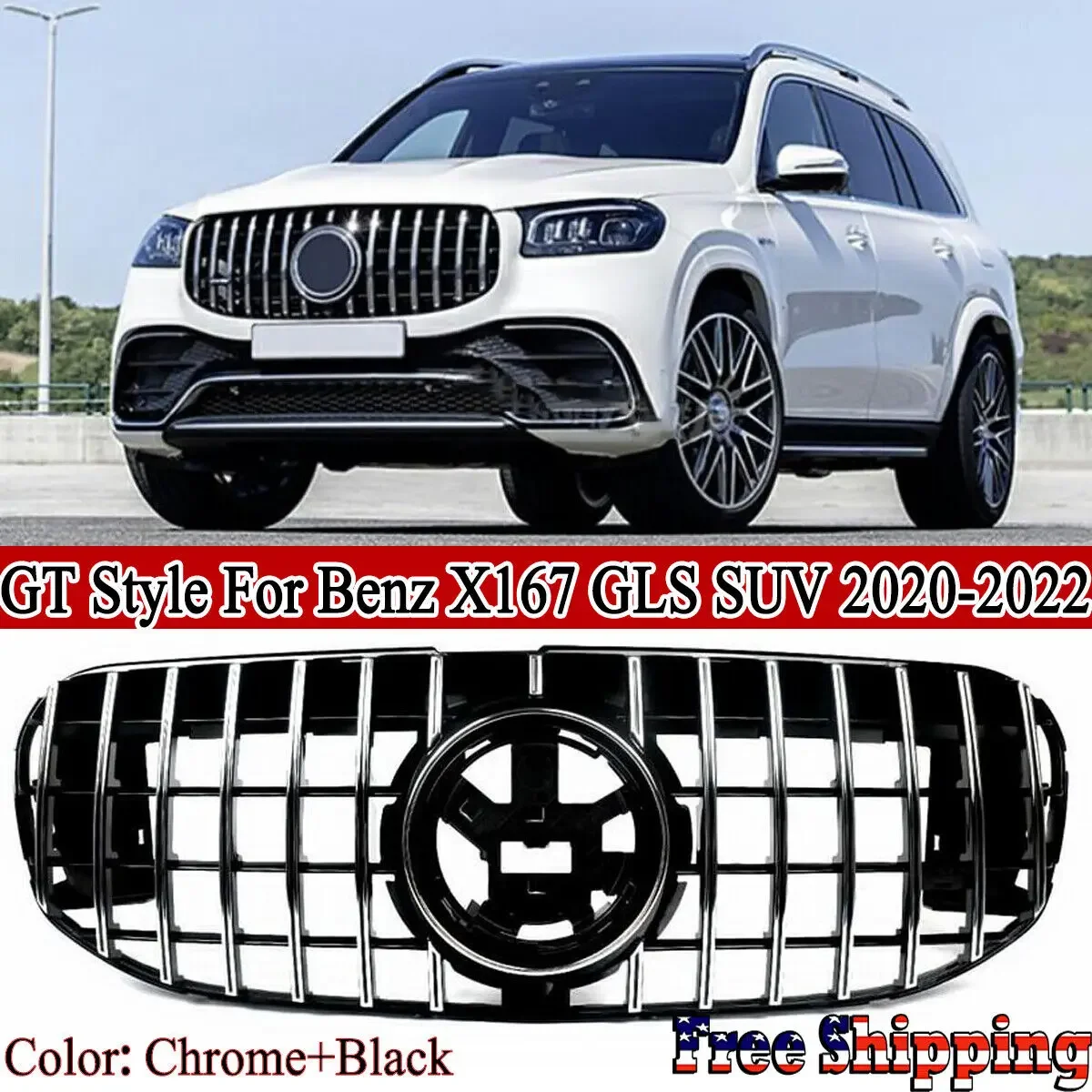 Chrome+Black Direct Replacement For Benz 2020-2023 X167 GLS-Class GLS450 GLS400 GLS350 GLS580  Can Not Fit GLS63S AMG Bumper!