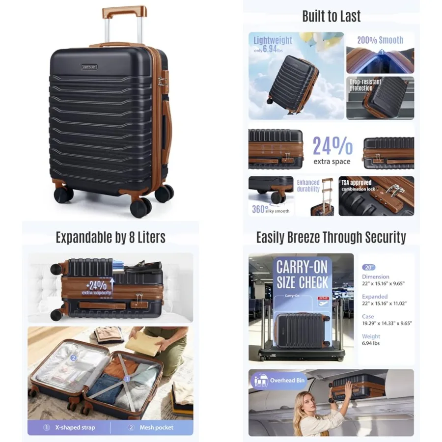 Expandable Carry On Luggage 22x14x9 Airline Approved with Double Spinner Wheels, 20 Inch Lightweight Hard Shell Rolling Suitcas