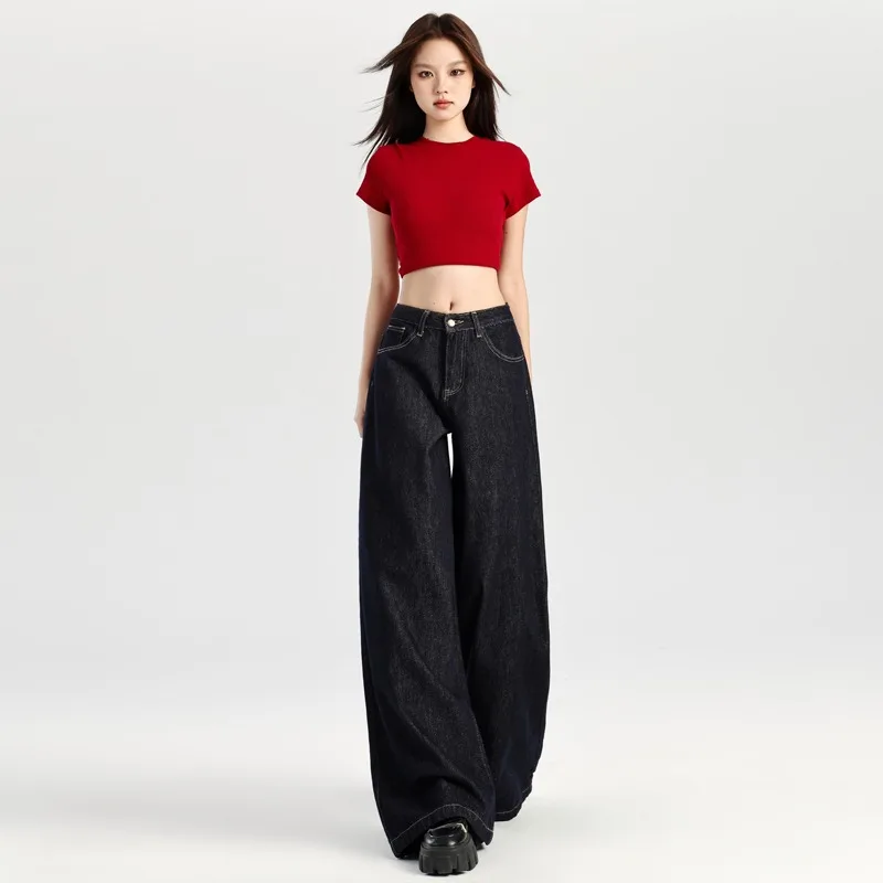 2025 Spring Women's Dark Blue Jeans Sweatpants Y2K Trendy Casual Pants Women Trousers Women's Clothing Daily Travel Pants New