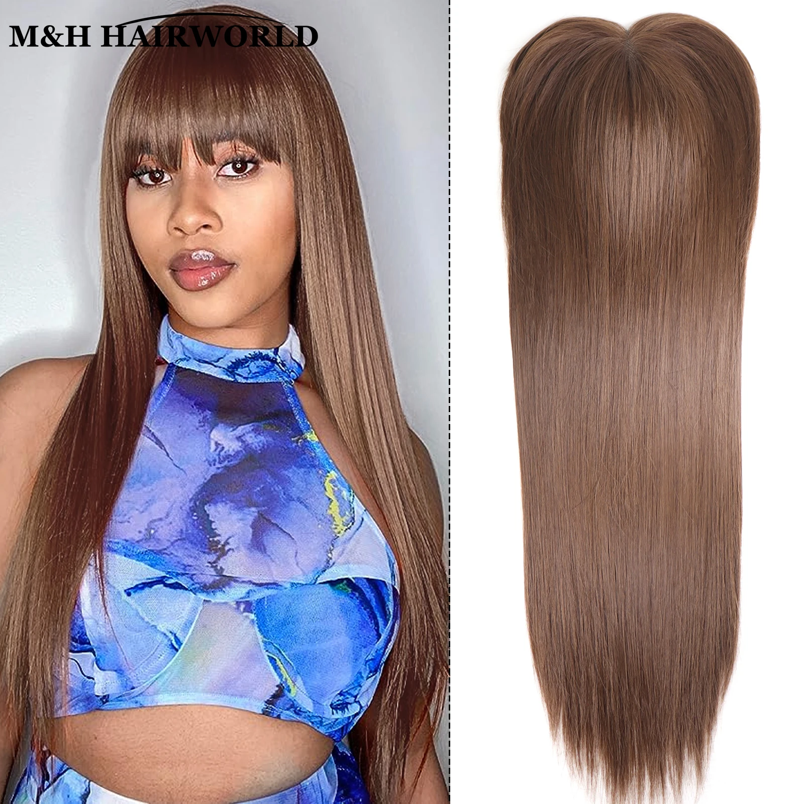 Reddish Brown Synthetic Hair Toppers for Women 20Inch Long Straight Women's Hair Pieces Lace Top Base Clip in Topper with Bangs