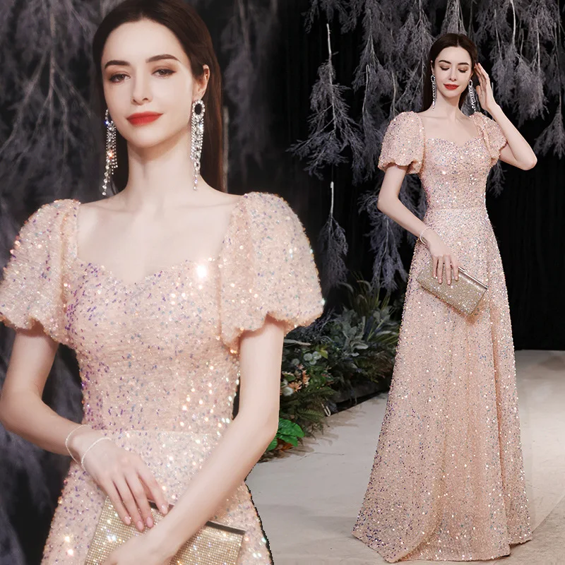 Evening dresses gala sequins Dinner dress Pink Princess Puff Sleeve Banquet dinner ball gown robe floral  L0370