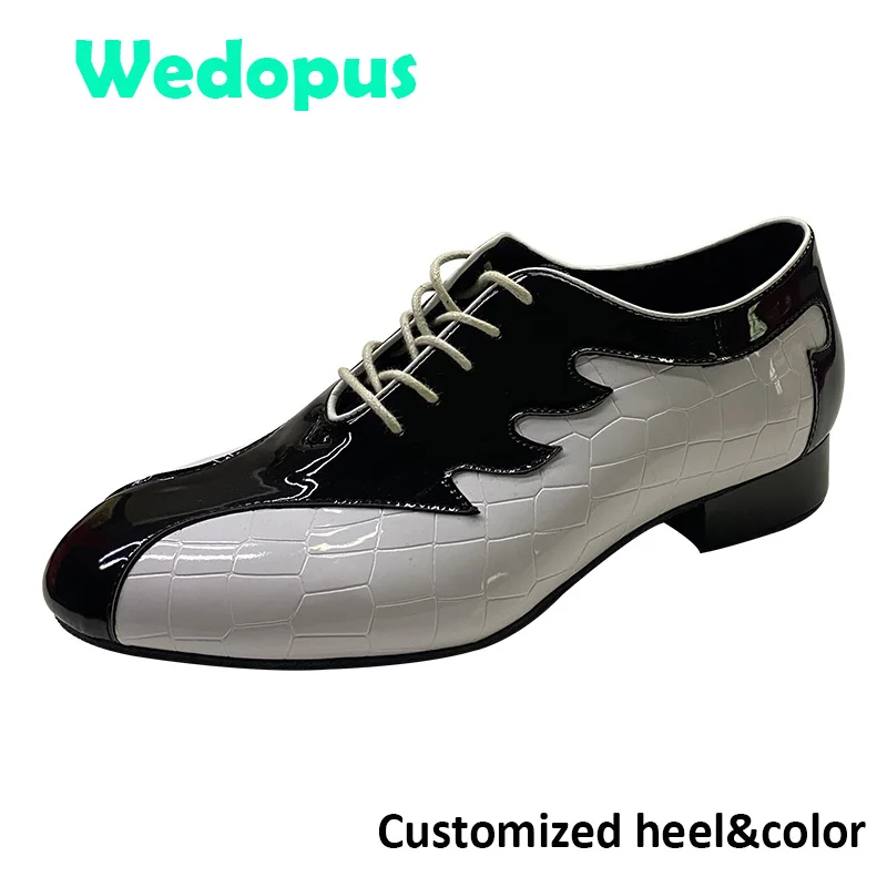 Wedopus sapatos masculinos de dança de salão personalizados, sola inferior de camurça, sapatos de dança masculinos padrão, preto e branco