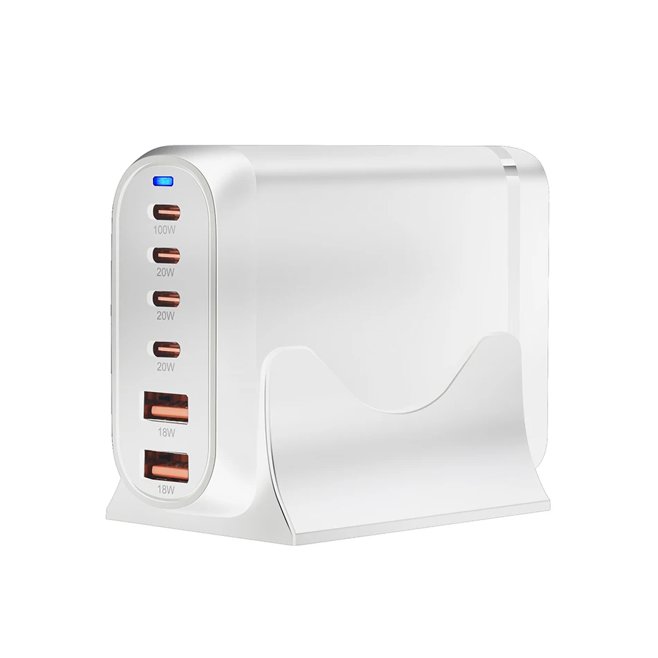 Pengisi daya 200W GaN, stasiun pengisian cepat Desktop 6-Port, pengisi daya Laptop USB C 100W untuk MacBook Pro iPhone 15/14/13 Samsung Galaxy