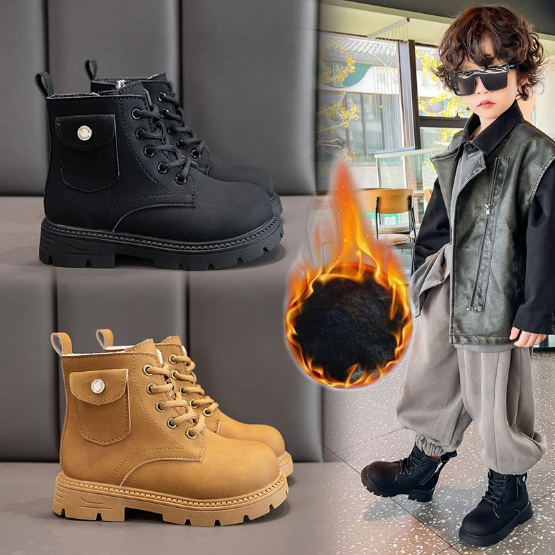 

Kids Ankle Boots Soild Color Boys Girls Short Boots with Small Pocket 2024 New Fashion Children Leather Boots with Side Zipper