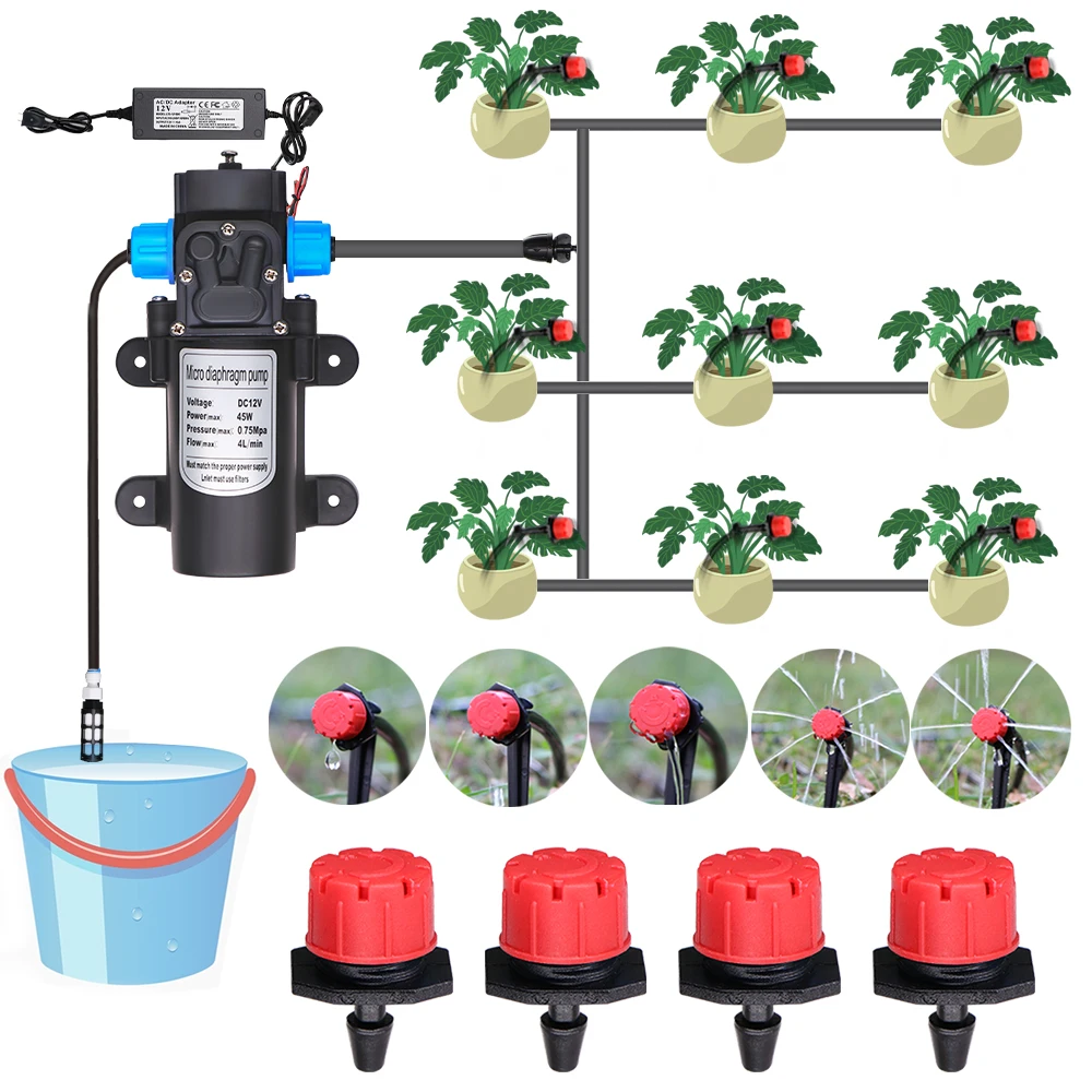 

45W Pump Self-priming Garden Adjustable 8 Holes Dripper Sprinkler Watering Irrigation System to 1/4'' Hose for Greenhouse Pot