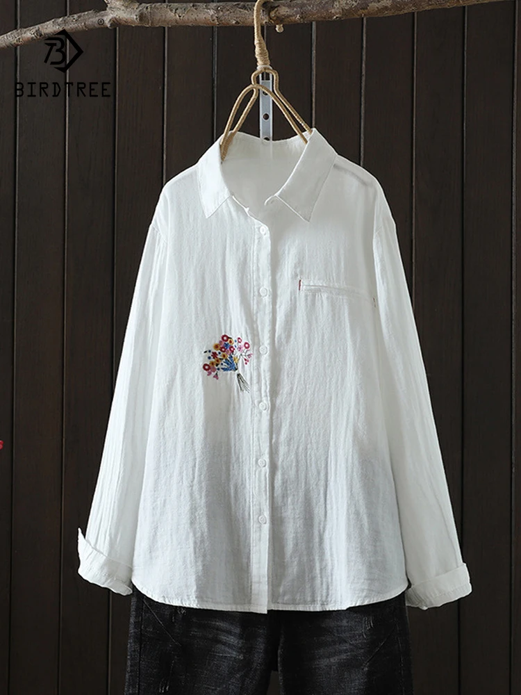 

New 2026 Spring Cotton Yarn Long Sleeve Shirt, Women Turn-down Collar Embroidery, Mori Girl Retro Casual Loose Blouse T61354CC