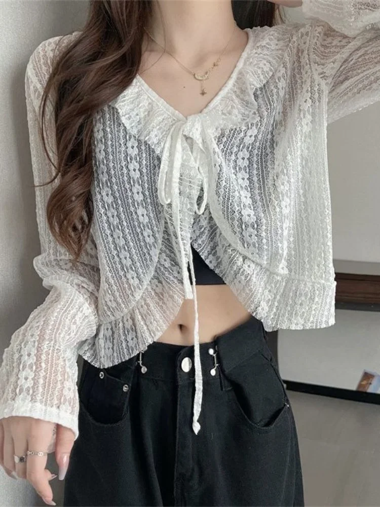 HOUZHOU Sweet Blouse Women Summer Chiffon White Long Sleeve Lace Cardigan Cropped Tops Black Sun Protection Airable Shirt