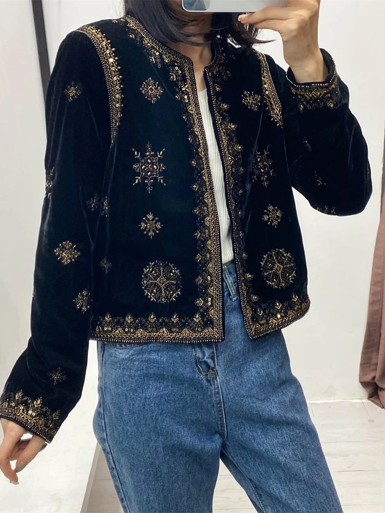 Women\'s Ethnic Style Heavy Industrial Embroidered Sequin Decorated Jacket Velvet Short Cardigan Autumn and Winter Women