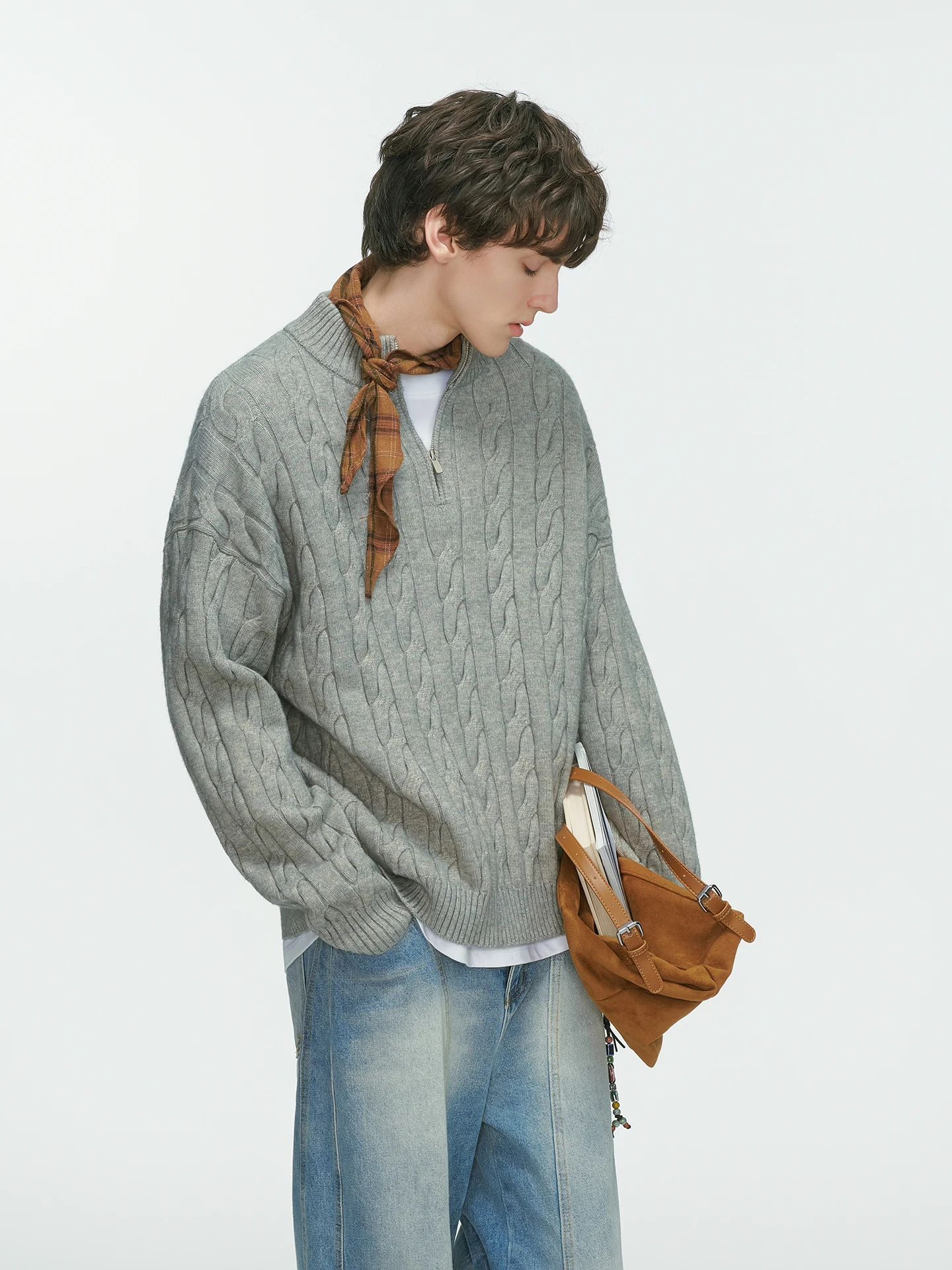 2025 Autumn Winter New Half-Zip Cable Knit Gray Black Sweater Men's Loose Casual Khaki Coffee Color Long Sleeve Knitwear