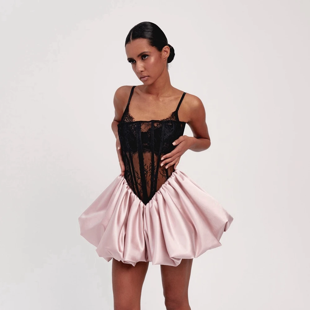 Charme Kant Applicaties Cocktail Party Jurk Spaghetti Band Satijnen Ruches Avond Galajurken Gezwollen Taft Mini Brithday Jurken