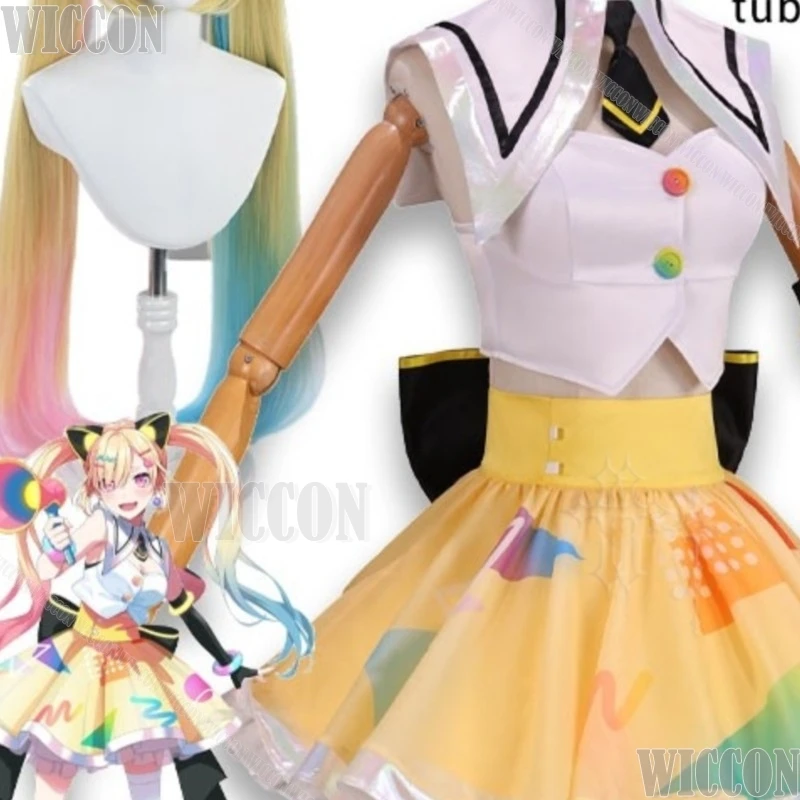 Disfraz de Cosplay de Arale Nakamachi de BanG Dream, Vestido Amarillo Kawaii con Lazo, Orejas de Gato, Peluche, para Halloween, Navidad, Carnaval y Eventos