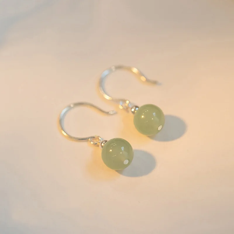 Classical Chinese Style 925 Sterling Silver Green Hetian Jade Round Bead Dangle Earrings for Woman Temperament Jewelry Accessory
