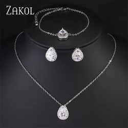 ZAKOL Shinny White Water Drop Cubic Zirconia Jewelry Sets for Women Bridal Wedding Teardrop Earrings Necklace Bracelet Set