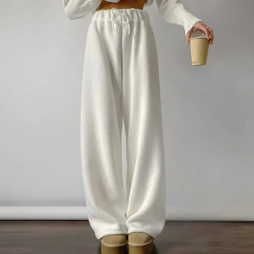 

2025 Autumn/Winter Thickened Warm White Fleece Trousers Women's Loose Lamb Fleece Wide-leg Trousers Versatile Casual Trousers