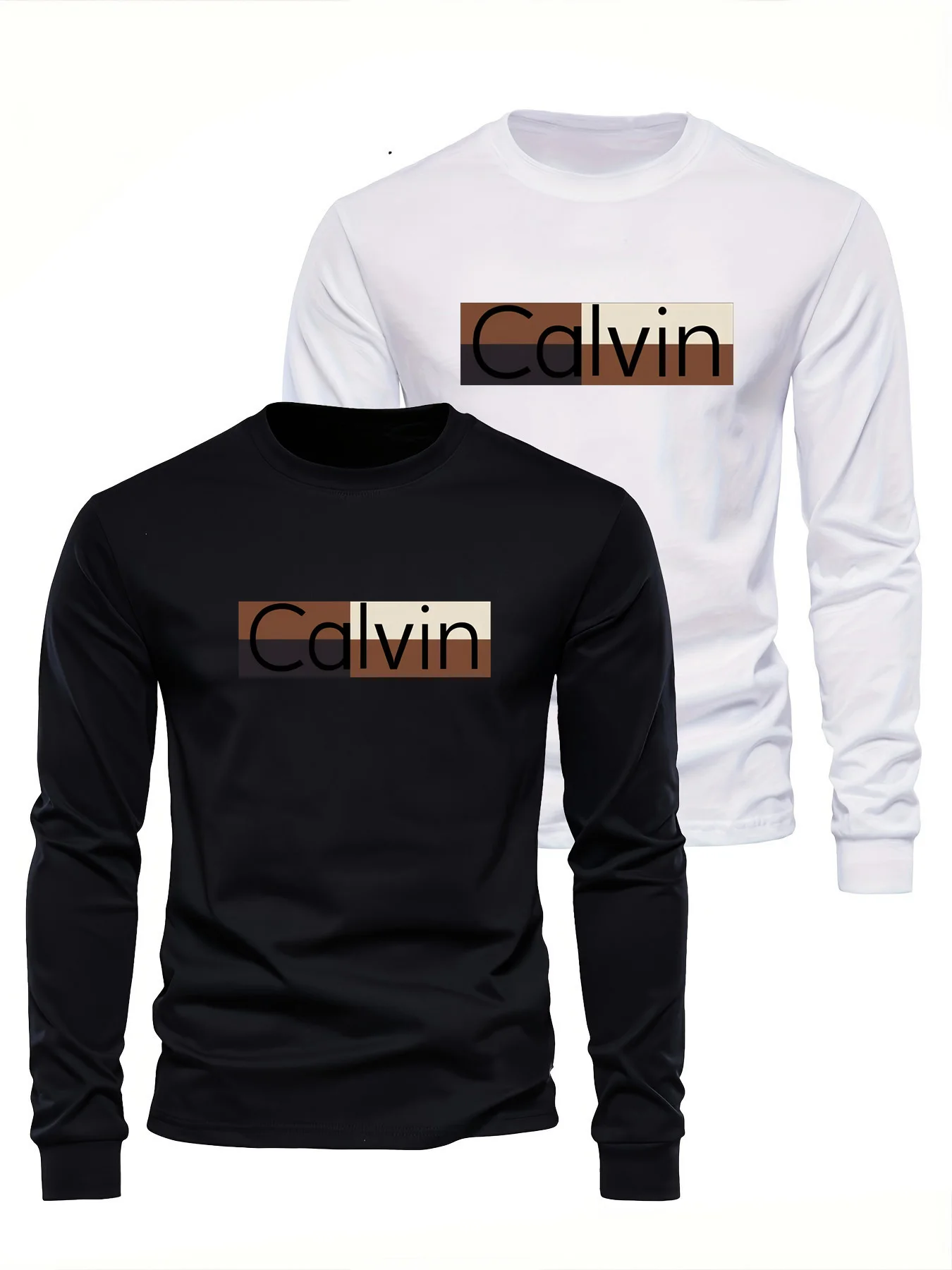 Męska koszulka z długim rękawem, okrągły dekolt, luźny krój, klasyczny wzór z nadrukiem liter, 100% bawełna, jesienno-zimowa, uniwersalna, codzienna.