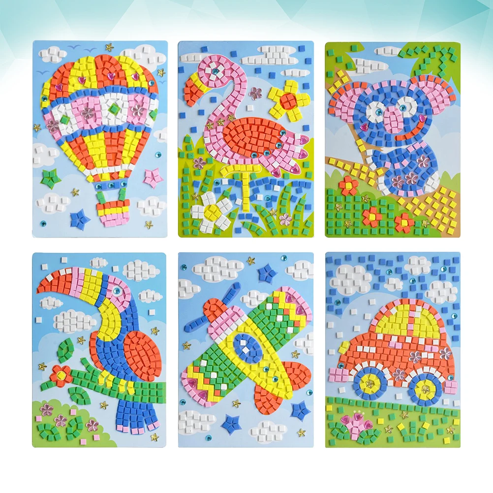 

6pcs Mosaic Stickers Creative Kids Craft Educational Diy Puzzle Sets Crystal Decals Children Woodpecker Crane Car Plane Hot Air