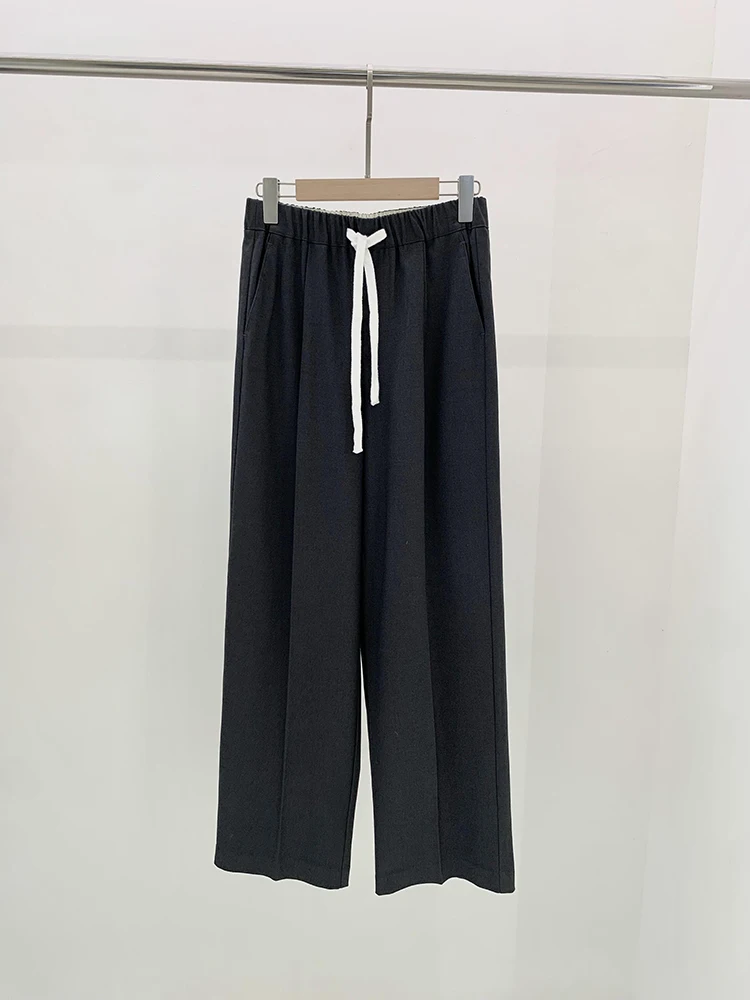 

Women's Spring and Autumn Wool High Waist Drawstring Wool Casual Pants, Straight Pants